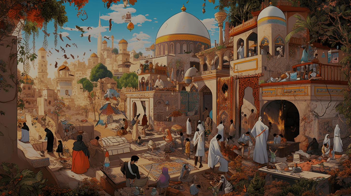 animated depiction of crowded, peaceful scene with birds in the air and Muslim architecture in the backdrop